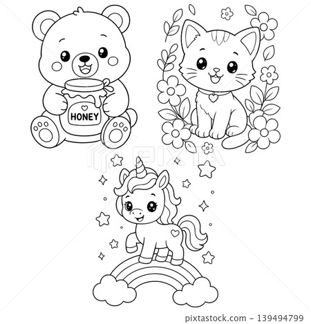 Cute Animal Coloring Page Set with Bear, Kitten, and Unicorn Cute Animal Coloring Page Set with Bear, Kitten, and Unicorn 139494799