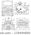 Magical Fantasy Coloring Page Bundle with Castle, Whale, and Animals 139494800