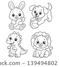 Cute Animals Coloring Page Set with Bunny, Puppy, Dinosaur and Lion 139494802