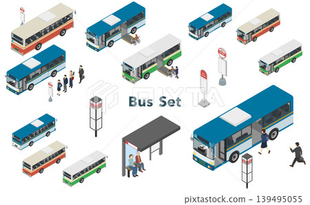 Isometric illustration: set of buses and bus stops Isometric illustration: set of buses and bus stops 139495055