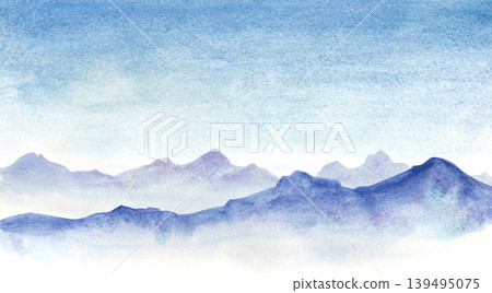 Watercolor landscape of misty blue mountains, atmospheric panorama of a mountain range against the sky. Horizontal illustration of mountains shrouded in fog. Watercolor landscape of misty blue mountains, atmospheric panorama of a mountain range against the sky. Horizontal illustration of mountains shrouded in fog. 139495075