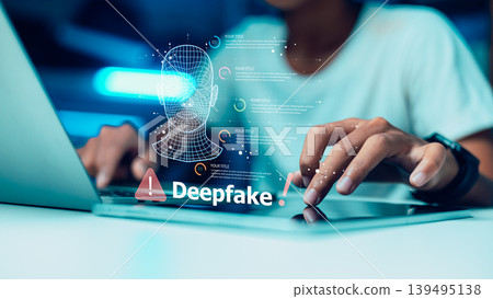 Deepfake Detection and Cyber Security Concept with AI Biometric Face Scanning on Tablet 139495138