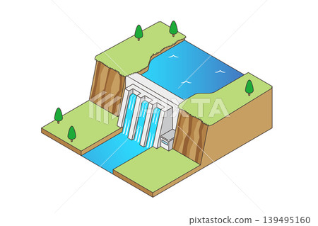 水力發電大壩的等距示意圖;再生能源影像 水力發電大壩的等距示意圖;再生能源影像 139495160