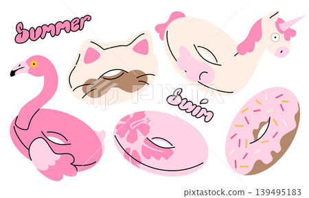 Cute Summer Inflatable Pool Float Collection in Pink Pastel Style 139495183