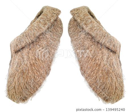 Two handmade brown felt boots are displayed against a white background. The slippers are soft and fuzzy, reflecting traditional craftsmanship. These Valenki offer warmth and comfort. 139495240