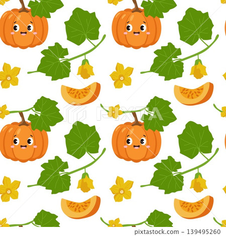 Cute pumpkin character seamless pattern with vines leaves and flowers on white background 139495260