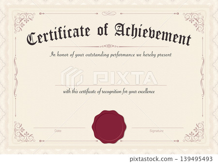 Elegant certificate of achievement with ornate border and wax seal for recognition Elegant certificate of achievement with ornate border and wax seal for recognition 139495493