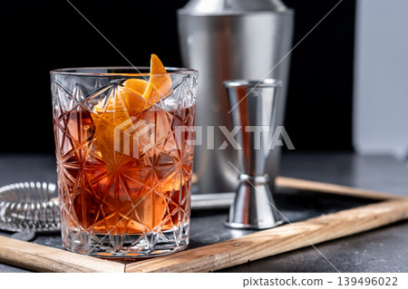Old Fashioned Cocktail with Orange Peel 139496022