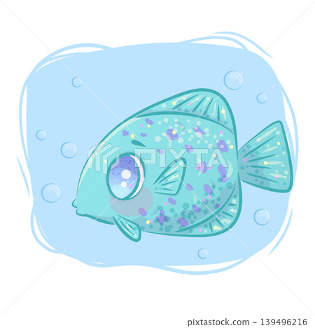 Hand-drawn cute cartoon smiling blue fish swimming with bubbles on a blue background. Cartoon children's vector illustration for the design of postcards, postcards for printing, textiles 139496216