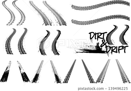 Black grunge tire tracks collection. Set of dirty wheel marks, skid and drift patterns on white background Black grunge tire tracks collection. Set of dirty wheel marks, skid and drift patterns on white background 139496225