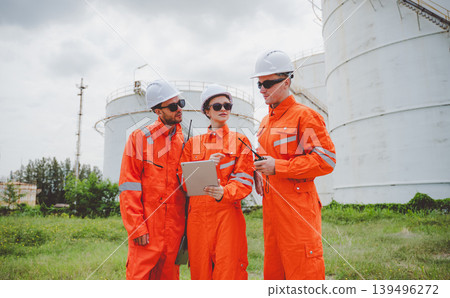 Field engineers reviewing inspection data and coordinating maintenance at oil storage tanks Field engineers reviewing inspection data and coordinating maintenance at oil storage tanks 139496272