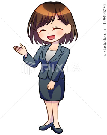 一位身穿西裝的女孩正在指路(短髮,微笑著)的插圖。 一位身穿西裝的女孩正在指路(短髮,微笑著)的插圖。 139496276