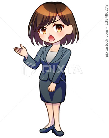一幅插圖,描繪了一個穿著西裝的女孩在指路(短髮,生氣)。 一幅插圖,描繪了一個穿著西裝的女孩在指路(短髮,生氣)。 139496278