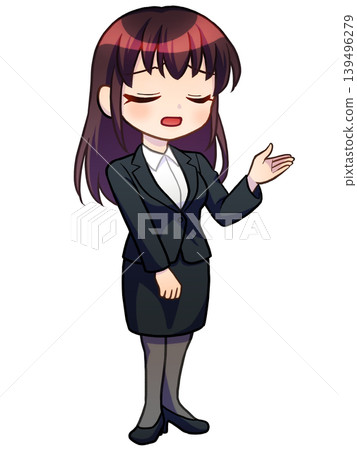 一幅插圖，描繪了一個穿著西裝的女孩（長髮）正在指路（哭泣）。 139496279