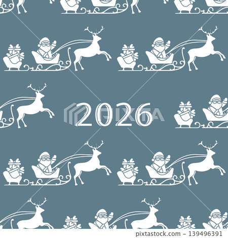 Christmas pattern with Santa and reindeer sleigh and 2026 text design background Christmas pattern with Santa and reindeer sleigh and 2026 text design background 139496391