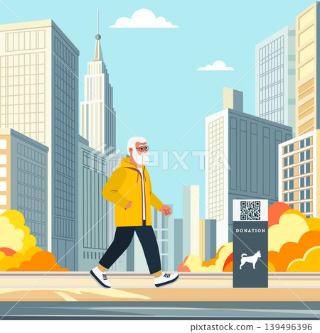 Elderly man walking in cityscape with donation kiosk and autumn colors, urban background Elderly man walking in cityscape with donation kiosk and autumn colors, urban background 139496396
