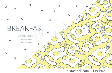 Breakfast pattern with fried eggs and sausages on yellow background, featuring copy space. Breakfast pattern with fried eggs and sausages on yellow background, featuring copy space. 139496408