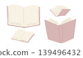 A set of hand-drawn, flat-style illustrations of open books with blank pages and cover titles. 139496432