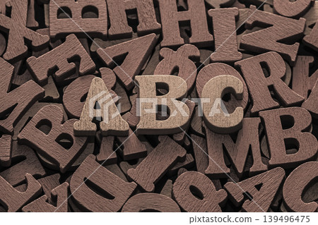 Inscription abc on pile of old vintage wooden letters. Inscription abc on pile of old vintage wooden letters. 139496475