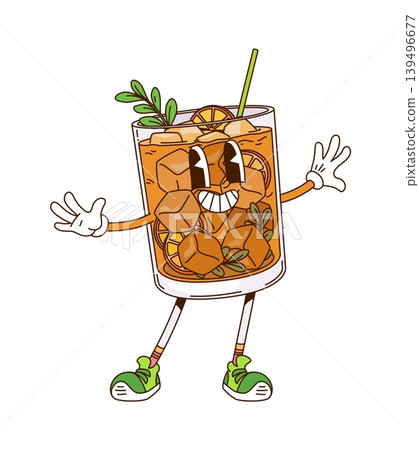 Cartoon retro groovy cocktail glass character. Vector y2k alcohol drink glass personage filled with iced tea or cola, ice cubes, citrus slices and rosemary leaves, dancing with straw and sneakers 139496677