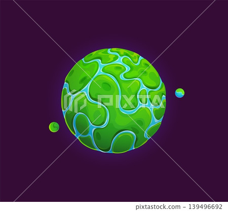 Cartoon green alien space planet with seas, continents and orbiting satellites. Whimsical vector planet for space game, children adventure or cosmic educational visual Cartoon green alien space planet with seas, continents and orbiting satellites. Whimsical vector planet for space game, children adventure or cosmic educational visual 139496692