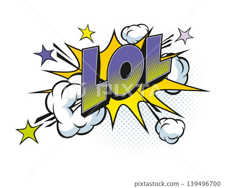 LOL comic pop art effect speech bubble. Blue and yellow text with explosion effect, white smoke clouds, and scattered starbursts. Vector graphic for comic book covers or merchandise prints 139496700
