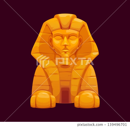 Ancient Egypt sphinx icon, Egyptian statue pyramid. Golden cartoon sphinx statue with pharaoh headdress and calm expression. Vector Egypt icon for app UI or adventure game interface 139496701