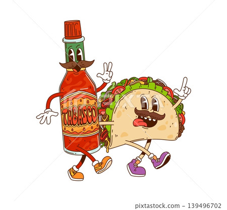 Cartoon groovy Mexican taco with tabasco sauce characters, vector funny personages. Y2K groovy taco sandwich with smile face and tongue out, funky tabasco with mustaches and freaky cool gesture Cartoon groovy Mexican taco with tabasco sauce characters, vector funny personages. Y2K groovy taco sandwich with smile face and tongue out, funky tabasco with mustaches and freaky cool gesture 139496702