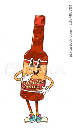 Cartoon groovy salsa sauce bottle character with expressive eyes, wearing sneakers and giving a playful double gesture. Isolated vector funky food dressing retro y2k personage with face fun expression Cartoon groovy salsa sauce bottle character with expressive eyes, wearing sneakers and giving a playful double gesture. Isolated vector funky food dressing retro y2k personage with face fun expression 139496704