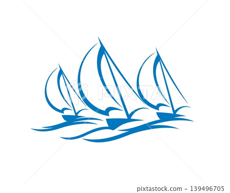Sail yachting sport regatta icon. Vector sailboats gliding across blue ocean waves. Emblem with water vessels emphasizes competition, motion, freedom and nautical journey for marine club or sea travel Sail yachting sport regatta icon. Vector sailboats gliding across blue ocean waves. Emblem with water vessels emphasizes competition, motion, freedom and nautical journey for marine club or sea travel 139496705