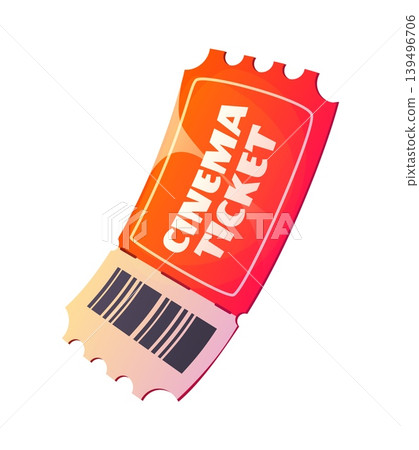 Cartoon movie cinema ticket object. Vector classic pass for movie, theater or entertainment, symbol of admission, and fun event access. Voucher with bold white lettering, perforated edges and barcode 139496706