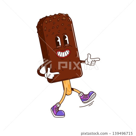 Cartoon retro groovy dessert, walking chocolate ice cream bar character with smiling face, white gloves, and purple sneakers. Funky vector personage for dessert shop branding or menu illustrations Cartoon retro groovy dessert, walking chocolate ice cream bar character with smiling face, white gloves, and purple sneakers. Funky vector personage for dessert shop branding or menu illustrations 139496715