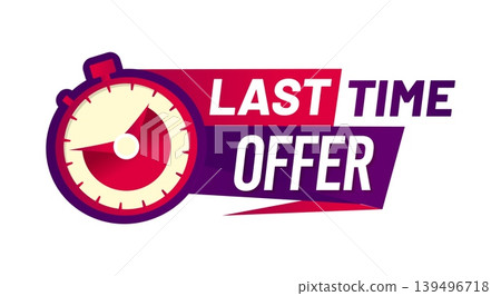 Last time offer icon with stopwatch and text. Sale timer badge showing red purple timer with tick marks and a sweeping hand. Bold vector icon for email marketing, website banner, retail promotion Last time offer icon with stopwatch and text. Sale timer badge showing red purple timer with tick marks and a sweeping hand. Bold vector icon for email marketing, website banner, retail promotion 139496718