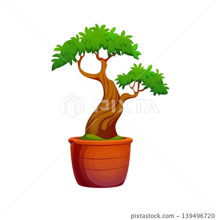 Cartoon Japanese garden bonsai tree plant. Miniature bonsai tree in rustic brown clay pot with twisted trunk and lush green foliage. Vector icon for Zen garden graphics and Japanese decor Cartoon Japanese garden bonsai tree plant. Miniature bonsai tree in rustic brown clay pot with twisted trunk and lush green foliage. Vector icon for Zen garden graphics and Japanese decor 139496720
