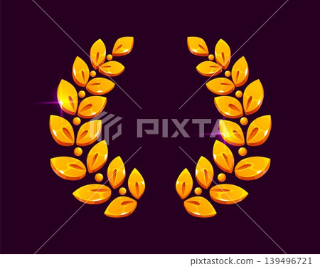 Heraldic golden laurel and oak wreath for golden sport trophy award, vector icon. Golden laurel wreath with olive leaves branch frame for medal or crown and winner prize or champion victory symbol Heraldic golden laurel and oak wreath for golden sport trophy award, vector icon. Golden laurel wreath with olive leaves branch frame for medal or crown and winner prize or champion victory symbol 139496721