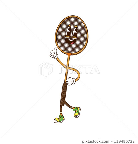 Cartoon groovy badminton racquet or sport hippie character, comic vector emoji. Groovy badminton racquet character with funny face, happy smile and thumb up gesture in good vibes and Y2K hipster shoes Cartoon groovy badminton racquet or sport hippie character, comic vector emoji. Groovy badminton racquet character with funny face, happy smile and thumb up gesture in good vibes and Y2K hipster shoes 139496722