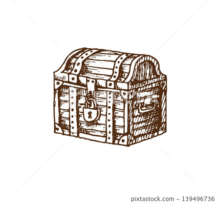 Geographic map pirate treasure chest. An old, closed wooden chest with intricate lock. Antique vector treasure box icon for pirate games, vintage map decorations, or historical adventure book Geographic map pirate treasure chest. An old, closed wooden chest with intricate lock. Antique vector treasure box icon for pirate games, vintage map decorations, or historical adventure book 139496736