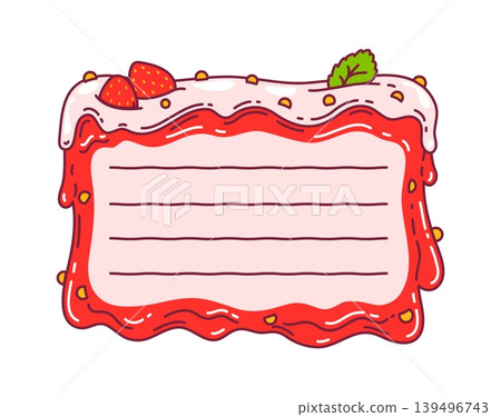 Ripe red strawberry kids memo note frame. Adorable label with icing and space for notes. Vector emblem decorated with berries, sprinkles and mint leaf. Template for recipe cards, gift tags, journaling 139496743