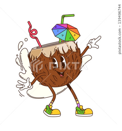 Cartoon funky groovy coconut drink character with pink curly straw and cocktail umbrella. Vector retro hippie trippy coco nut with cup with expressive eyes and refreshing drink splash for beach party 139496744