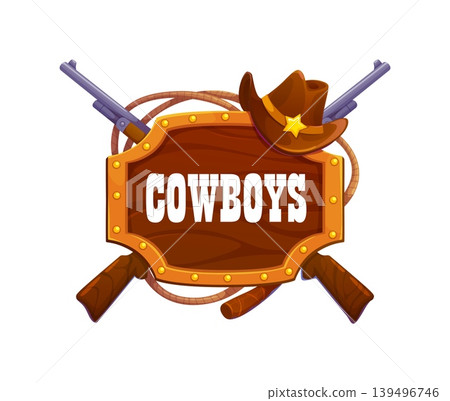 Cartoon wild west cowboy icon. Wooden signboard with gold frame, Cowboys text, cowboy hat with star, rifle, and lasso decoration. Vector icon for western game menus and ranch branding Cartoon wild west cowboy icon. Wooden signboard with gold frame, Cowboys text, cowboy hat with star, rifle, and lasso decoration. Vector icon for western game menus and ranch branding 139496746