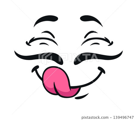 Cartoon face with mustaches of emotions and expressions. Funny and happy emoji on cheeky face with closed crinkled eyes, broad black mustache, and pink tongue. Vector grimace for promotional campaigns Cartoon face with mustaches of emotions and expressions. Funny and happy emoji on cheeky face with closed crinkled eyes, broad black mustache, and pink tongue. Vector grimace for promotional campaigns 139496747