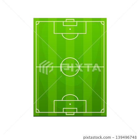 Cartoon soccer game field, sport outfit equipment. Top view green striped European football or soccer field with white markings, center circle, and two goal areas. Vector icon for sports banners 139496748