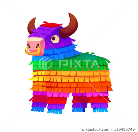 Cartoon Mexican birthday or holiday carnival party pinata game toy. Rainbow striped bull pinata with brown horns, golden nose ring and layered paper fringe. Vector icon for birthday party invitation Cartoon Mexican birthday or holiday carnival party pinata game toy. Rainbow striped bull pinata with brown horns, golden nose ring and layered paper fringe. Vector icon for birthday party invitation 139496749
