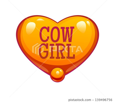 Cowgirl or disco cowboy cartoon groovy golden heart for girly design, vector icon. Wild West cowgirl t shirt print and Western girly cowboy disco party heart shape buckle or country ranch girl badge 139496756