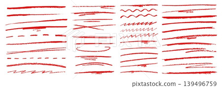 Red crayon pencil hand drawn doodle highlight and underline lines vector set. Straight, dashed, zigzag and curved sketchy, textured marker scribbles, and stroke templates for highlighting text Red crayon pencil hand drawn doodle highlight and underline lines vector set. Straight, dashed, zigzag and curved sketchy, textured marker scribbles, and stroke templates for highlighting text 139496759