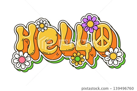 Cartoon retro groovy hippie hello sign. Vector vibrant, psychedelic font featuring chunky, bubbly letters in bold, yellow color, peace symbol and daisy flowers, in free spirited style of 60s or 70s Cartoon retro groovy hippie hello sign. Vector vibrant, psychedelic font featuring chunky, bubbly letters in bold, yellow color, peace symbol and daisy flowers, in free spirited style of 60s or 70s 139496760