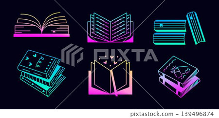 Gradient neon book set, luminescent vector icons in different variations, back to school sign collection Gradient neon book set, luminescent vector icons in different variations, back to school sign collection 139496874