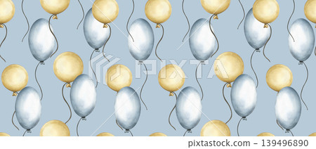 Seamless pattern with balloons in blue and beige colors. Watercolor hand drawn illustration of floating balloons for festive decorations, kids wallpaper and wrapping paper. Ornament for kids goods Seamless pattern with balloons in blue and beige colors. Watercolor hand drawn illustration of floating balloons for festive decorations, kids wallpaper and wrapping paper. Ornament for kids goods 139496890