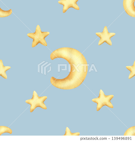 Star and moon pattern. Seamless pattern with Gold watercolor stars and half moon. Watercolor illustration of stars for kids goods, kids wallpaper, wrapping paper. Children's wallpaper with a night sky Star and moon pattern. Seamless pattern with Gold watercolor stars and half moon. Watercolor illustration of stars for kids goods, kids wallpaper, wrapping paper. Children's wallpaper with a night sky 139496891