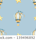 Seamless pattern with hot air balloons and stars. Childish wallpaper stars and Hot air Balloon. Watercolor illustration of floating balloons for kids goods, kids wallpaper, wrapping paper 139496892